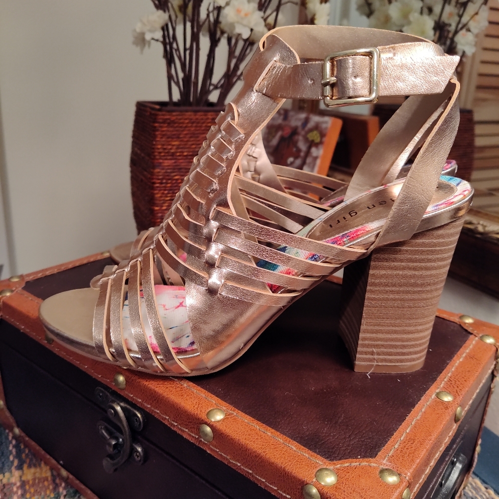 Madden Girl Remie block heel gold gladiator heels